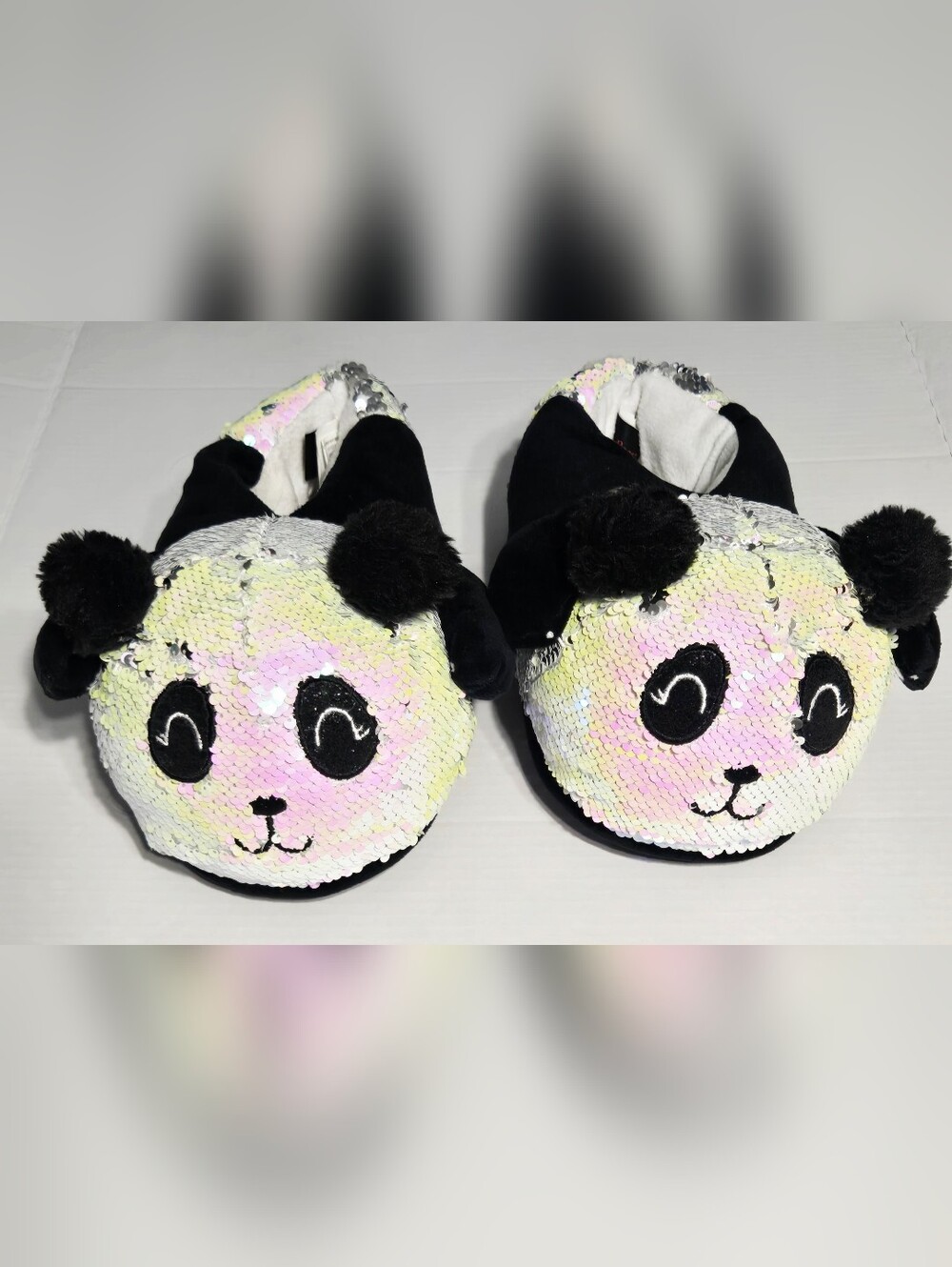 Body Rage Panda Sequin Plush Slippers L/XL Black Pink Yellow Cozy